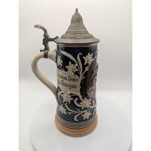 Vintage German Beer Stein Pewter Lid Ceramic Couple Scene Stamped 1751 READ